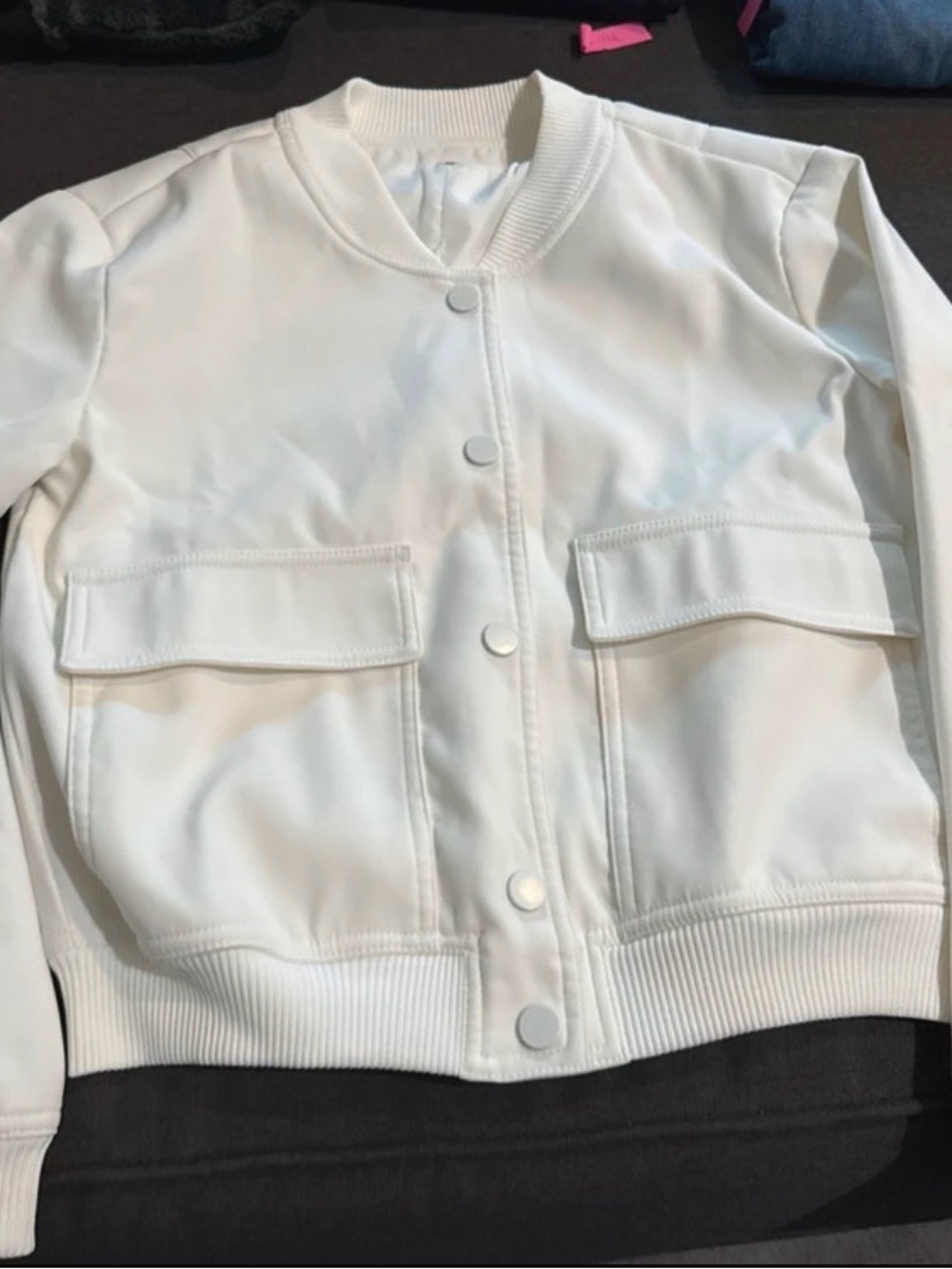 Women's White Bomber Jacket with Front Patch Pockets